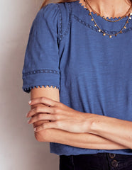 Mila Lace Trim Top - Denim Blue