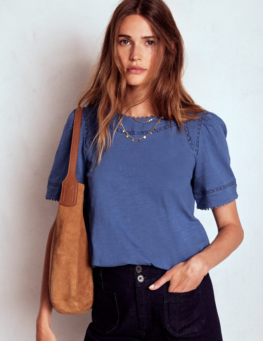 Mila Lace Trim Top - Denim Blue