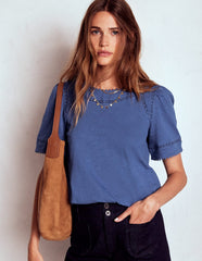 Mila Lace Trim Top - Denim Blue
