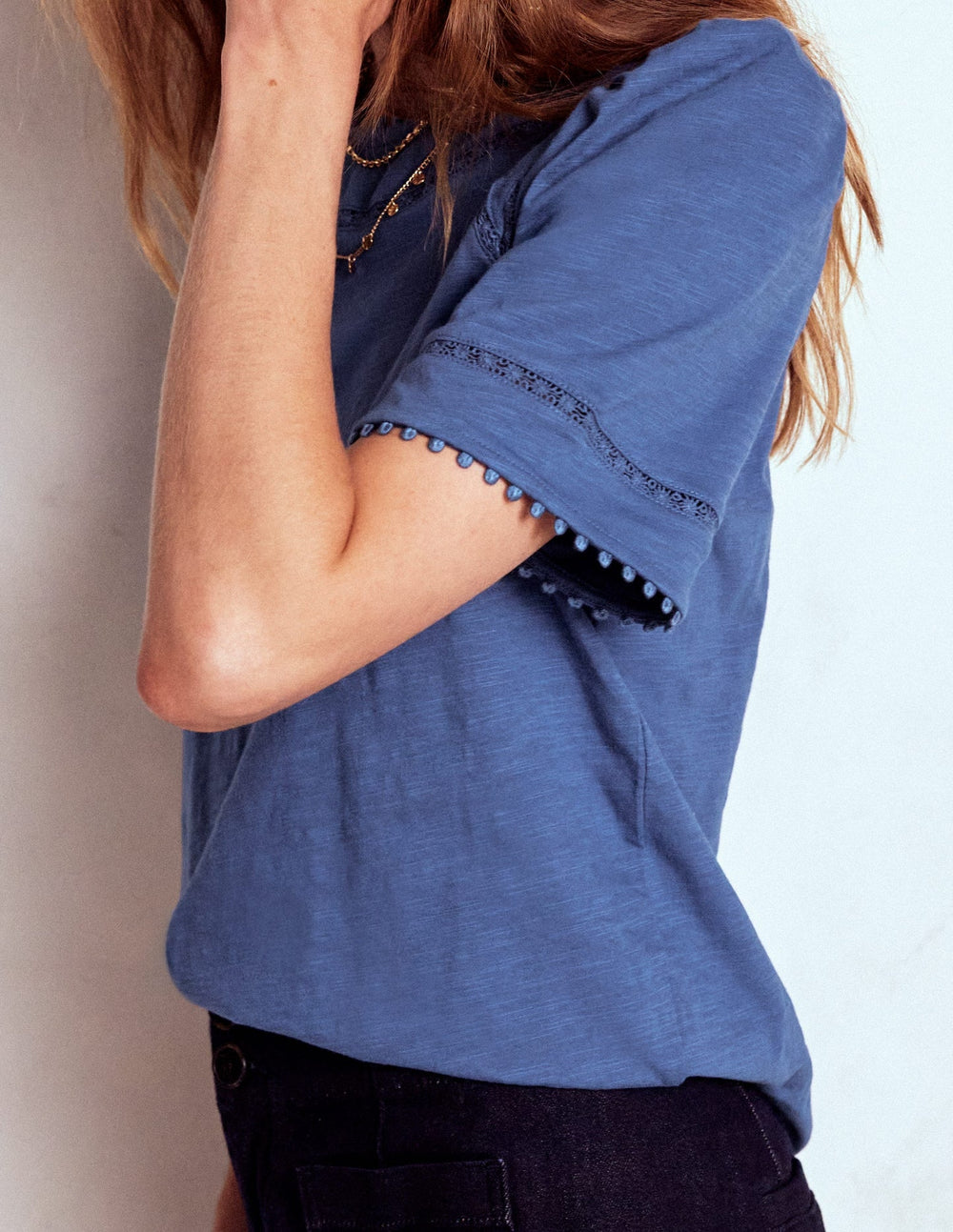 Mila Lace Trim Top - Denim Blue