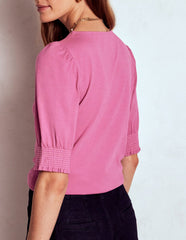 Short Sleeve Smocked Cuff Top - Purple Damson