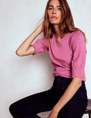 Short Sleeve Smocked Cuff Top - Purple Damson
