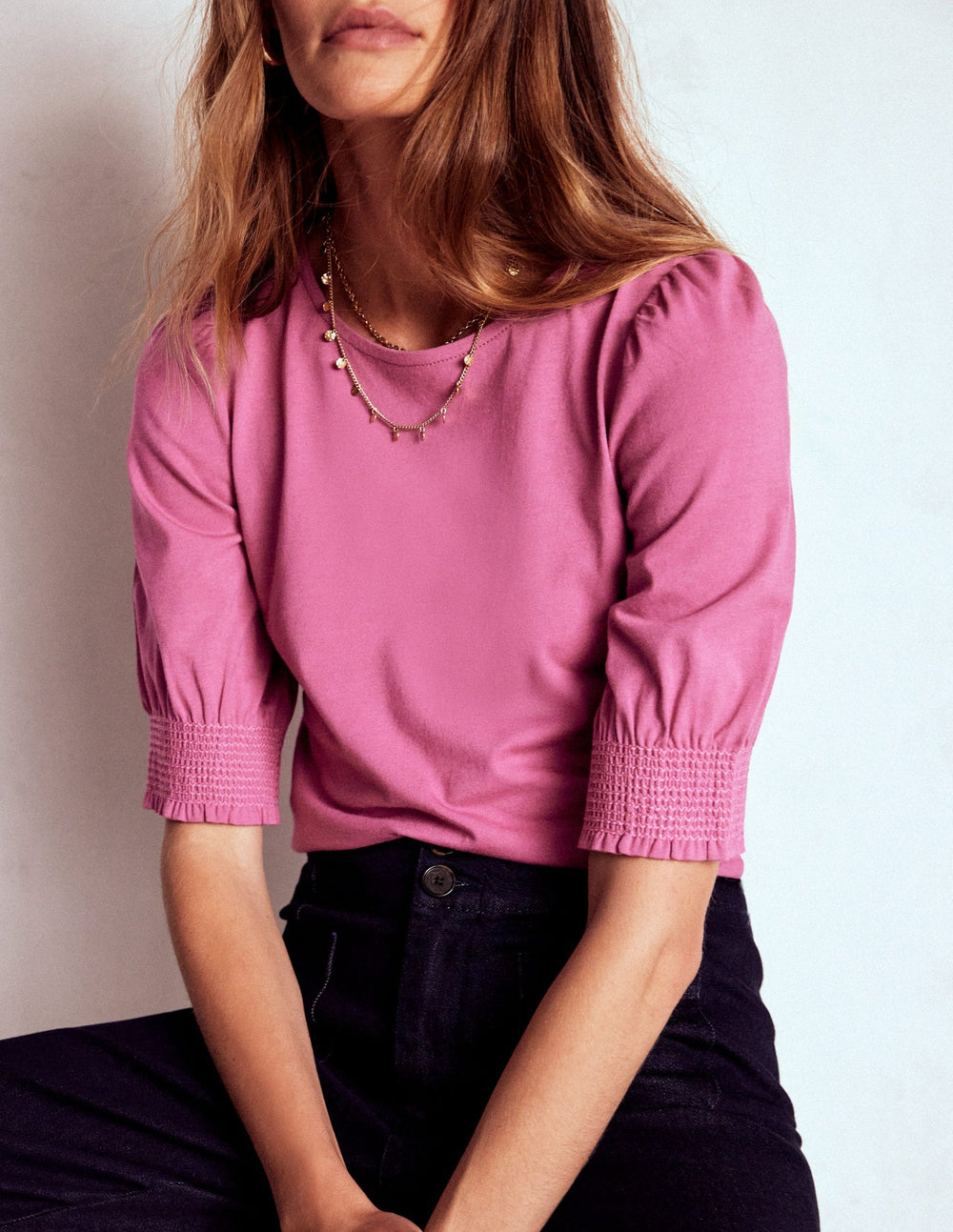 Short Sleeve Smocked Cuff Top - Purple Damson
