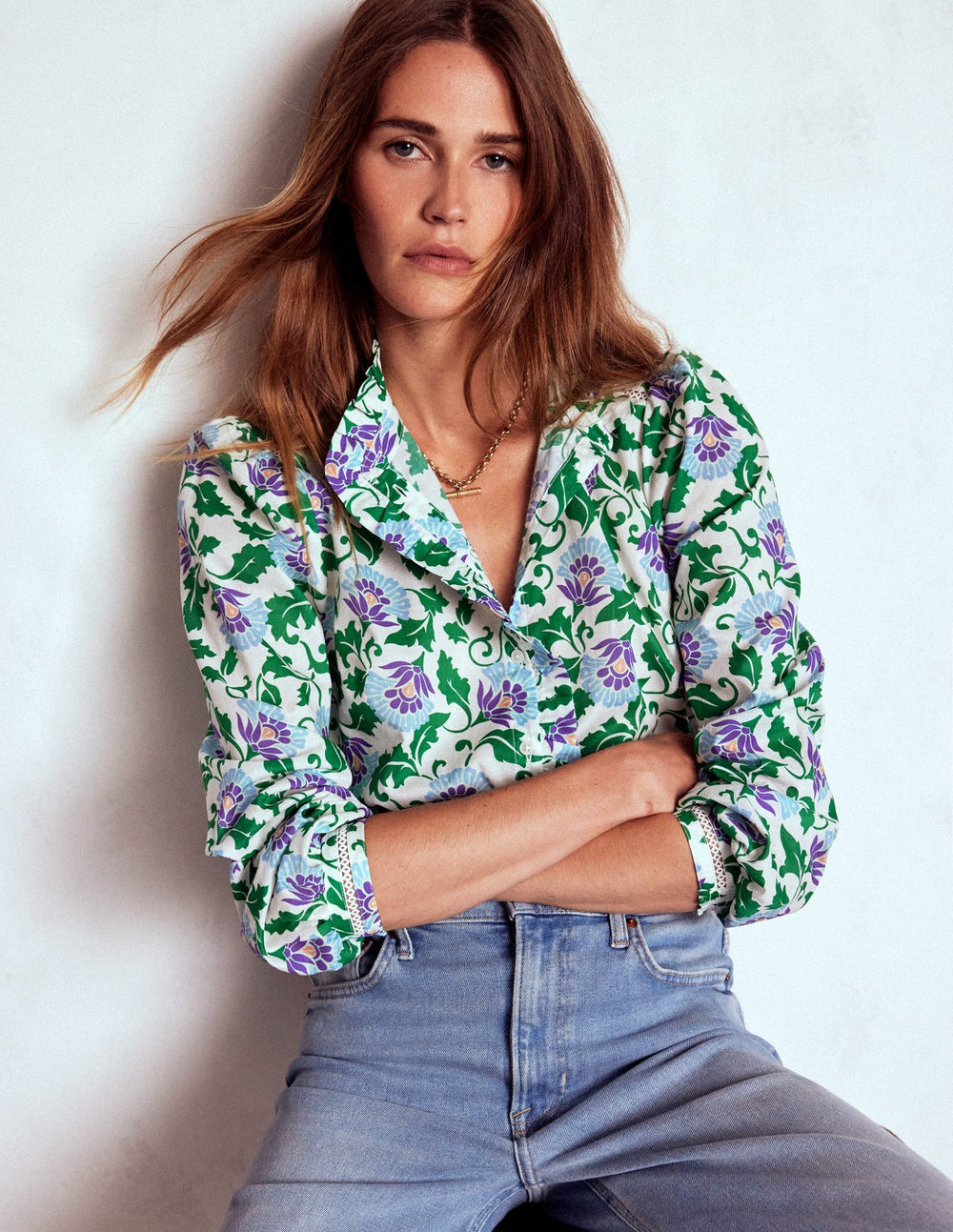Helena Cotton Top - Rich Emerald, Ornate Vine