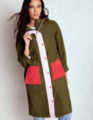 Longline Rain Mac - Khaki Colourblock
