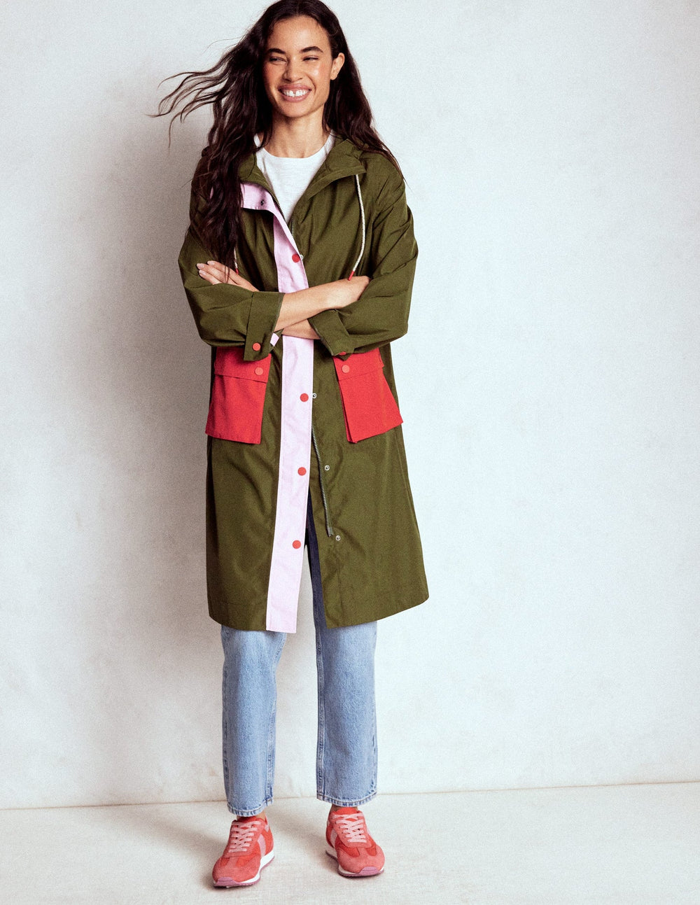 Longline Rain Mac - Khaki Colourblock