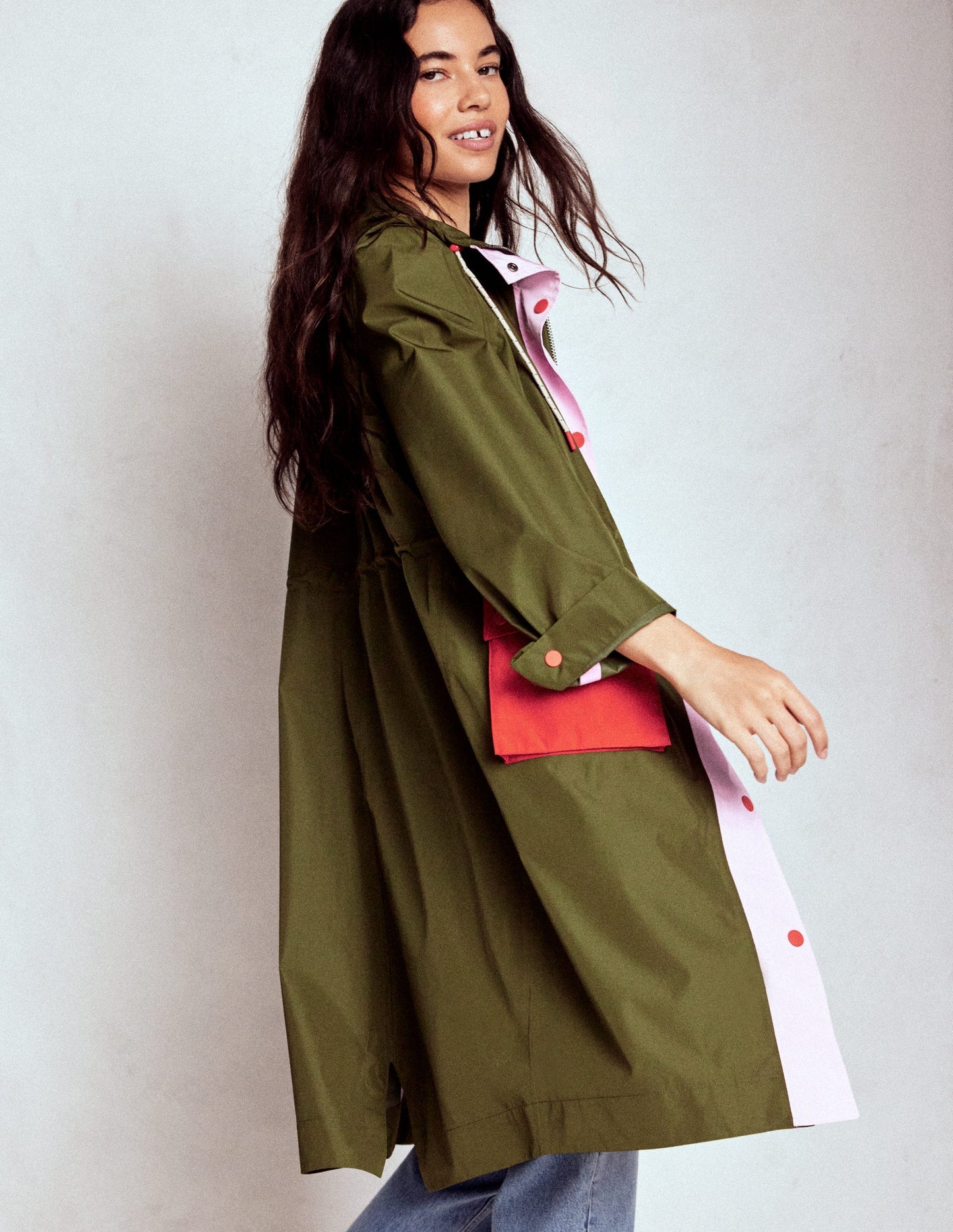 Longline Rain Mac - Khaki Colourblock