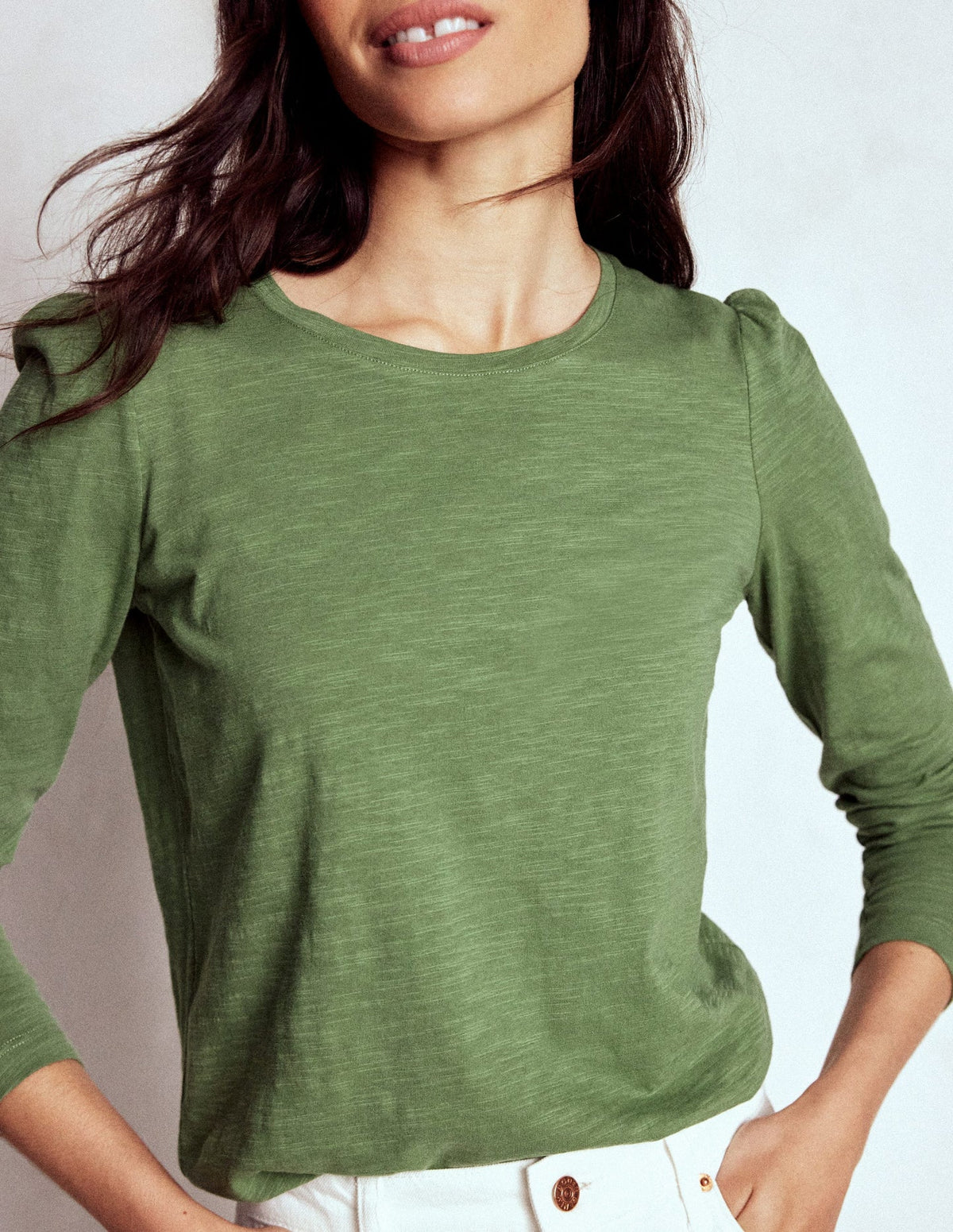 Cotton Crew Long Sleeve Top - Safari Green