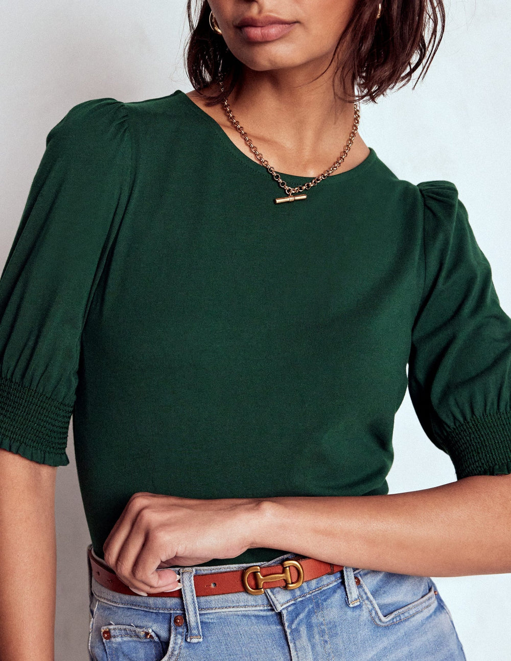 Short Sleeve Smocked Cuff Top - Green Pine