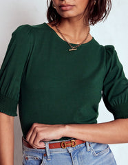 Short Sleeve Smocked Cuff Top - Green Pine
