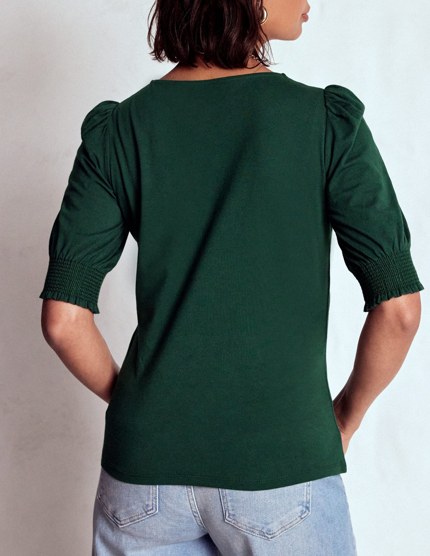 Short Sleeve Smocked Cuff Top - Green Pine