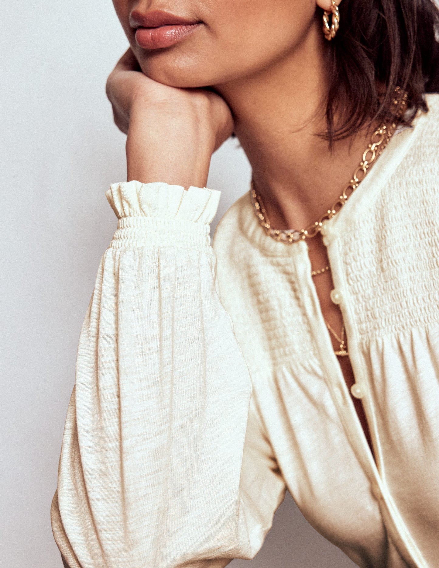 Elsa Smocked Yoke Jersey Shirt - Ivory