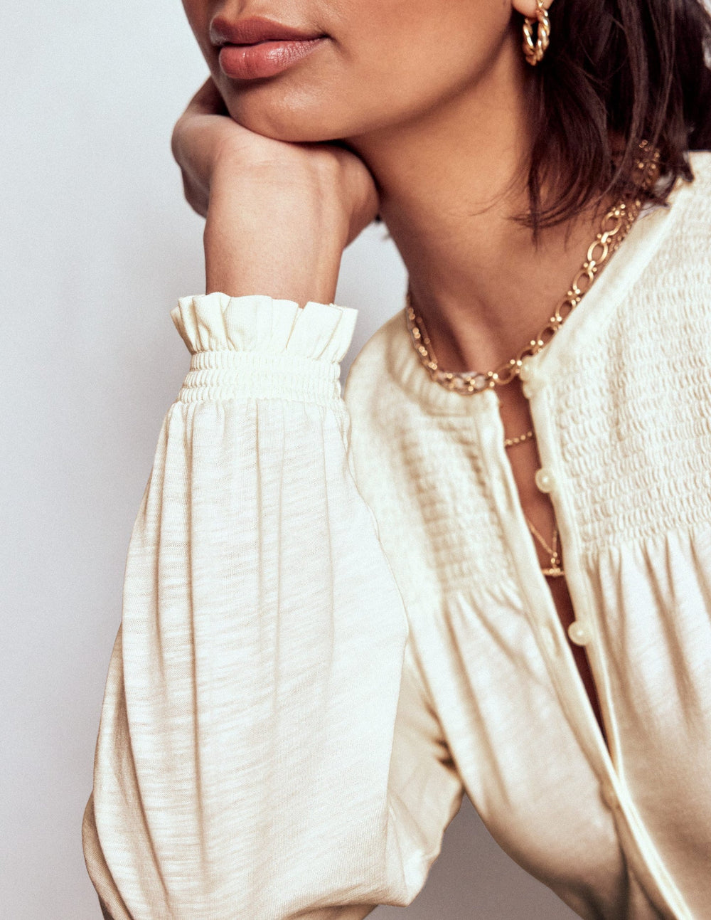 Elsa Smocked Yoke Jersey Shirt - Ivory