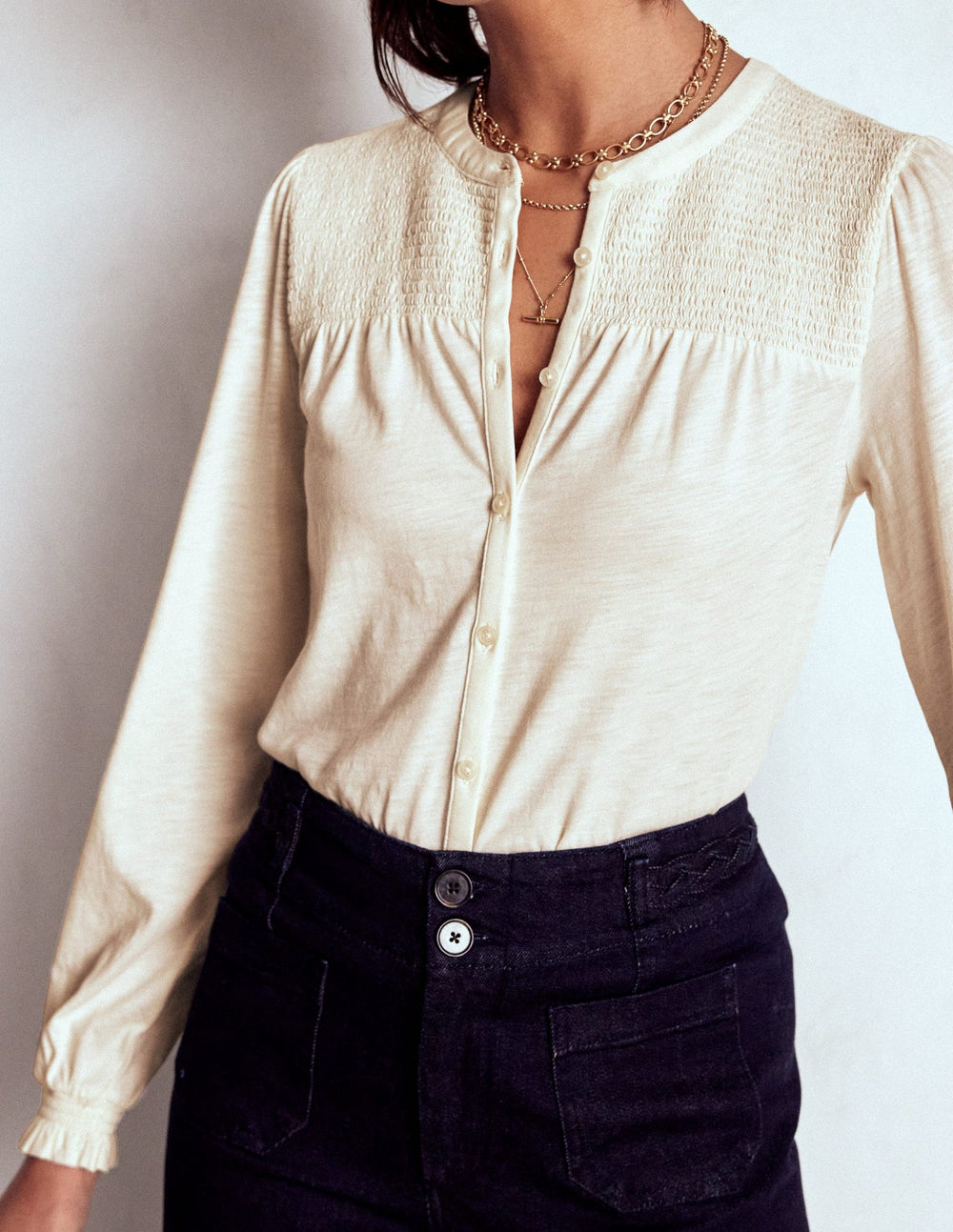 Elsa Smocked Yoke Jersey Shirt - Ivory