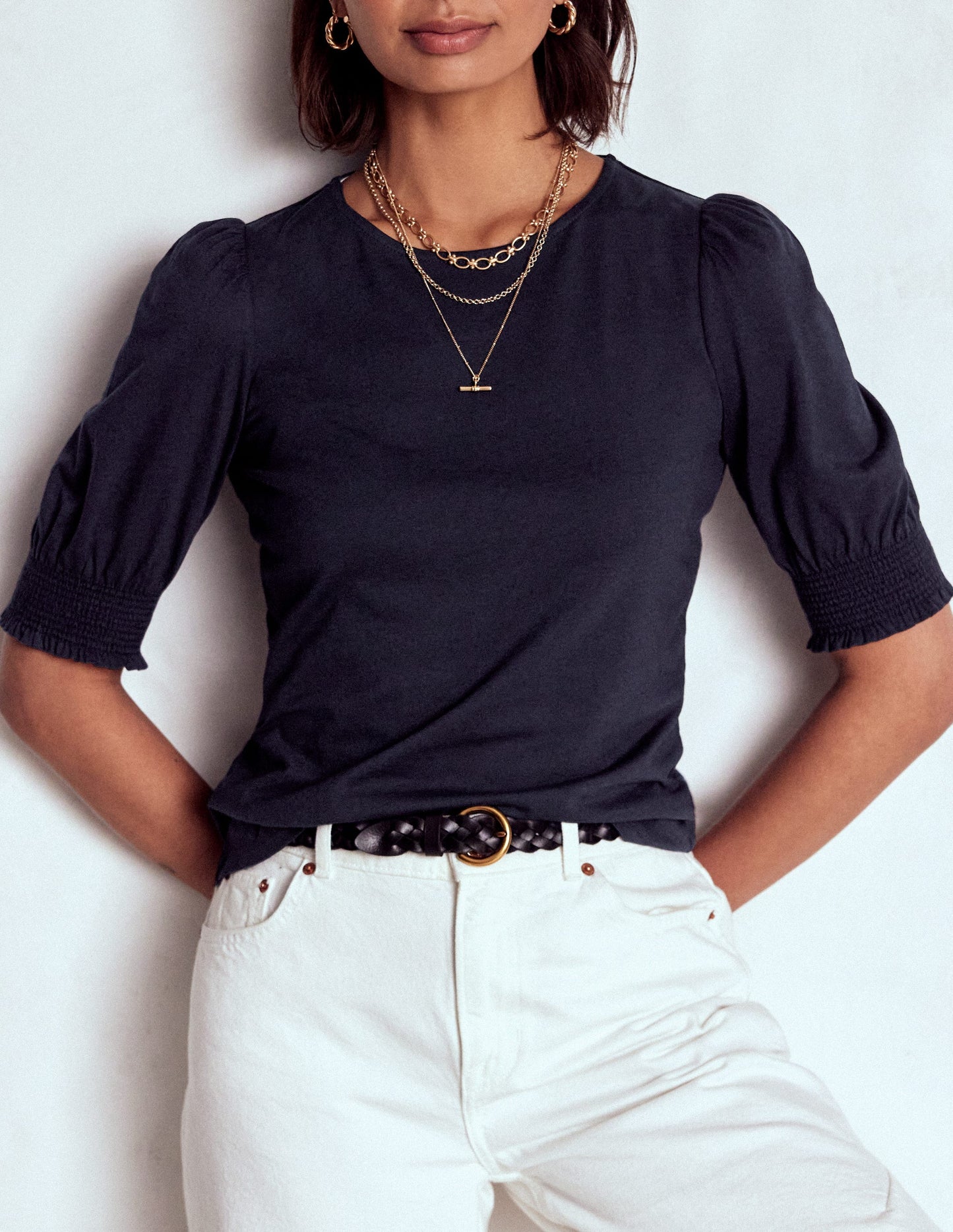 Short Sleeve Smocked Cuff Top - Navy
