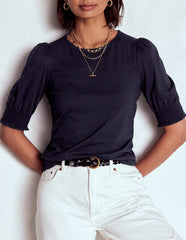 Short Sleeve Smocked Cuff Top - Navy